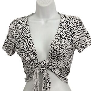 Brandy Melville Rae Leopard Print Tie-Front Cropped Black White One Size